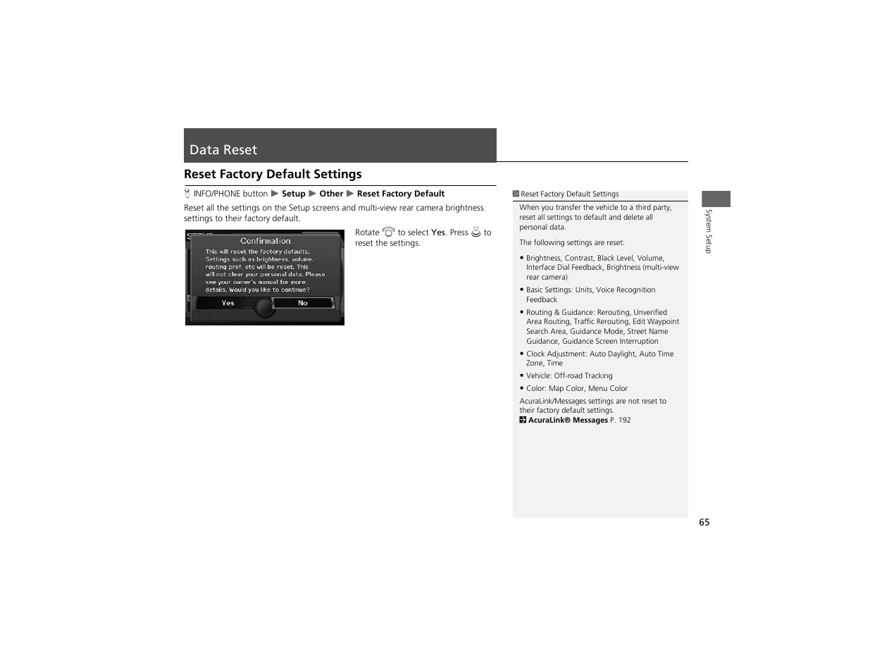 Data reset, Reset factory default settings | Acura 2012 ZDX Navigation User Manual | Page 67 / 251