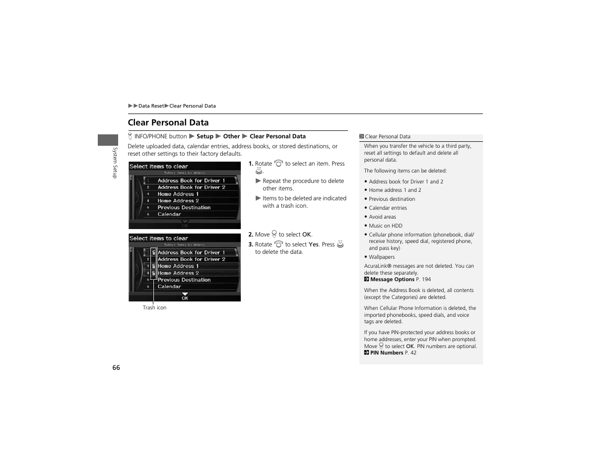 Clear personal data | Acura 2012 ZDX Navigation User Manual | Page 68 / 251