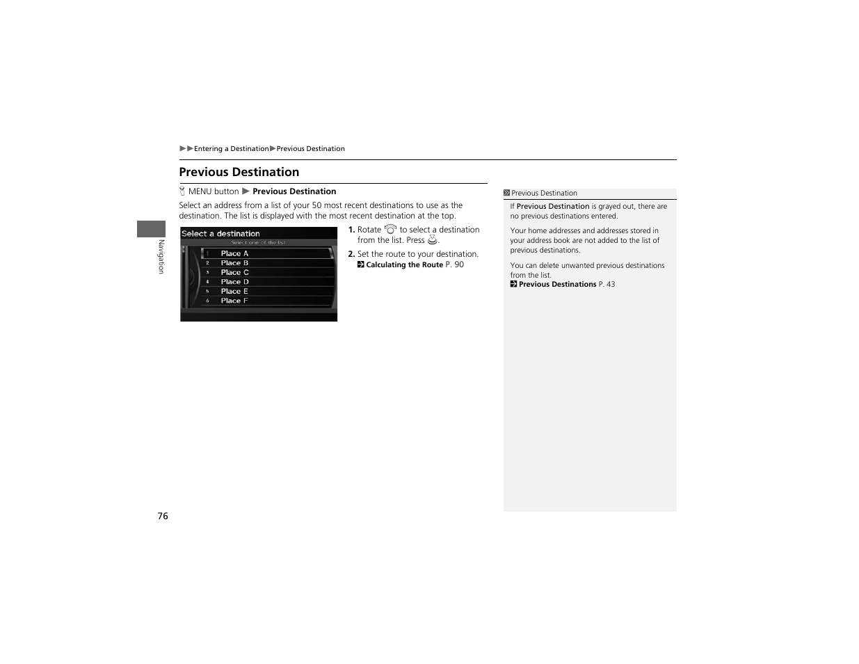 Previous destination | Acura 2012 ZDX Navigation User Manual | Page 78 / 251