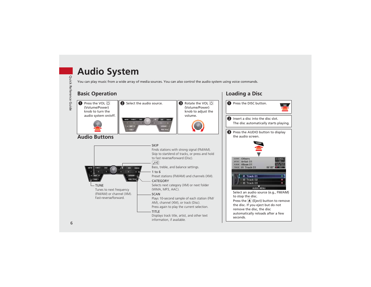 Audio system, Basic operation audio buttons, Loading a disc | Acura 2012 ZDX Navigation User Manual | Page 8 / 251