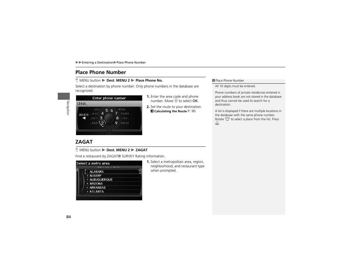 Place phone number, Zagat | Acura 2012 ZDX Navigation User Manual | Page 86 / 251