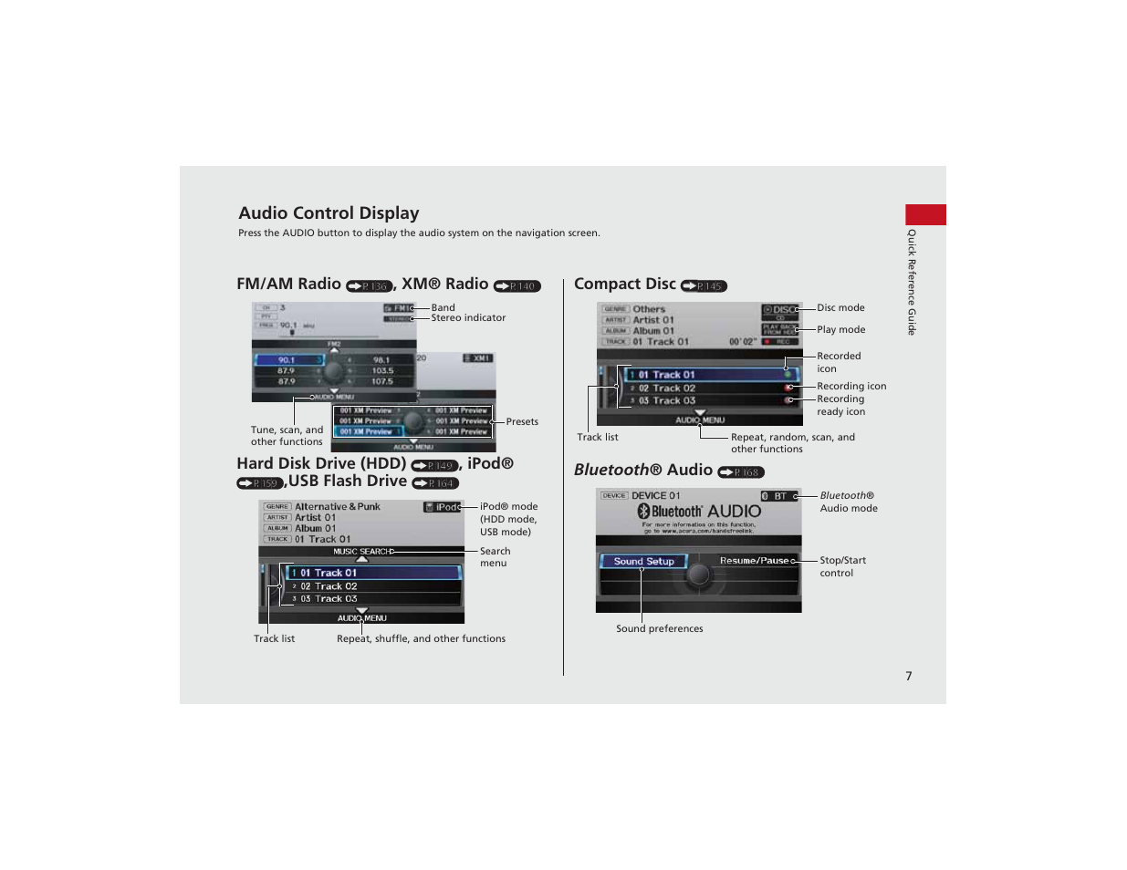 Audio control display, Fm/am radio, Xm® radio | Hard disk drive (hdd), Ipod, Usb flash drive, Compact disc, Bluetooth ® audio | Acura 2012 ZDX Navigation User Manual | Page 9 / 251