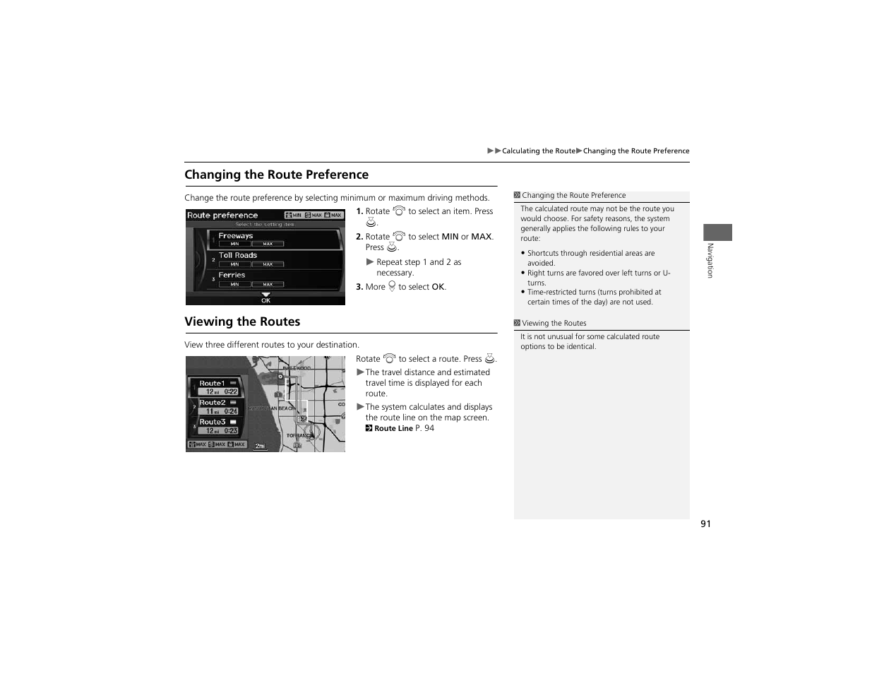 Changing the route preference, Viewing the routes | Acura 2012 ZDX Navigation User Manual | Page 93 / 251
