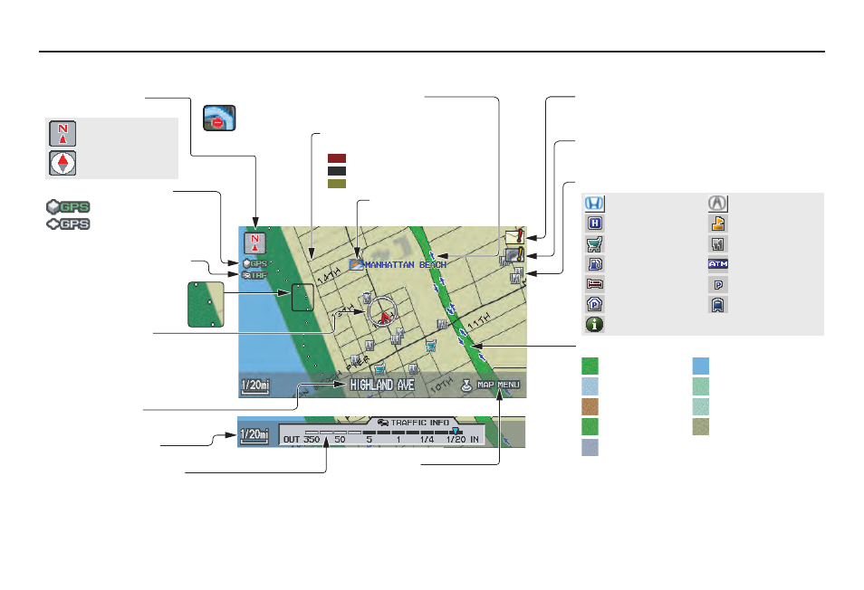 Getting started, Map screen legend | Acura 2011 RDX Navigation User Manual | Page 20 / 176