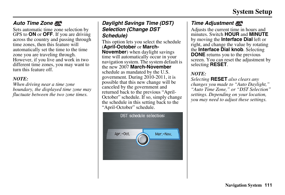 System setup | Acura 2011 RL Navigation User Manual | Page 112 / 177