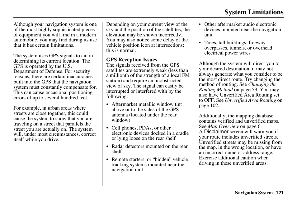 System limitations | Acura 2011 RL Navigation User Manual | Page 122 / 177