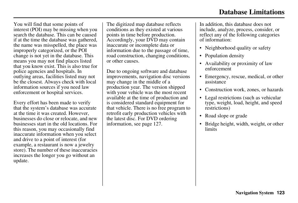 Database limitations | Acura 2011 RL Navigation User Manual | Page 124 / 177
