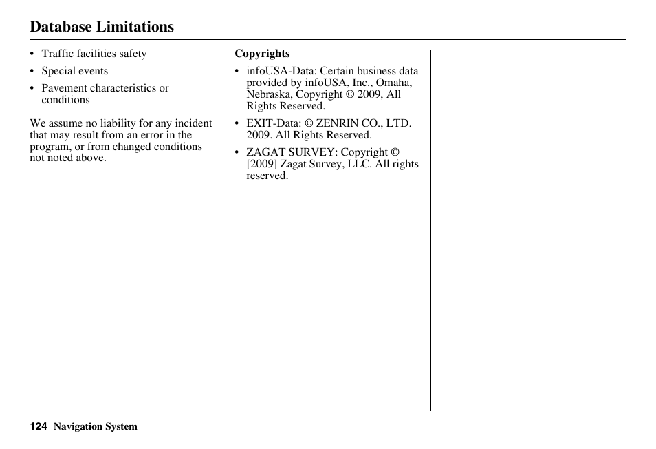 Database limitations | Acura 2011 RL Navigation User Manual | Page 125 / 177