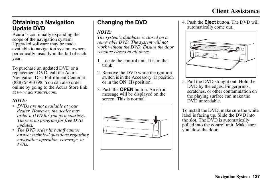 Client assistance | Acura 2011 RL Navigation User Manual | Page 128 / 177
