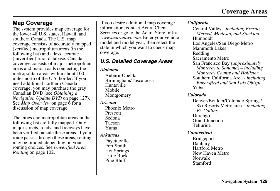 Coverage areas | Acura 2011 RL Navigation User Manual | Page 130 / 177
