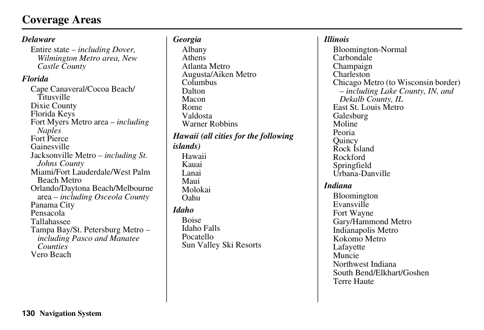 Coverage areas | Acura 2011 RL Navigation User Manual | Page 131 / 177
