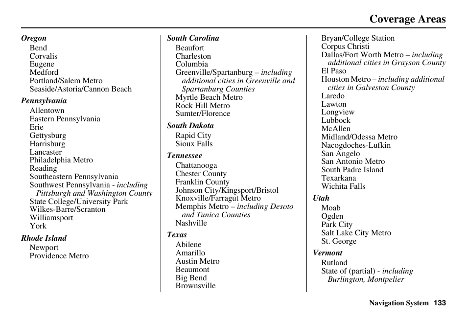 Coverage areas | Acura 2011 RL Navigation User Manual | Page 134 / 177