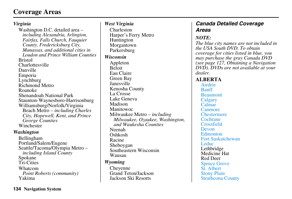 Coverage areas | Acura 2011 RL Navigation User Manual | Page 135 / 177