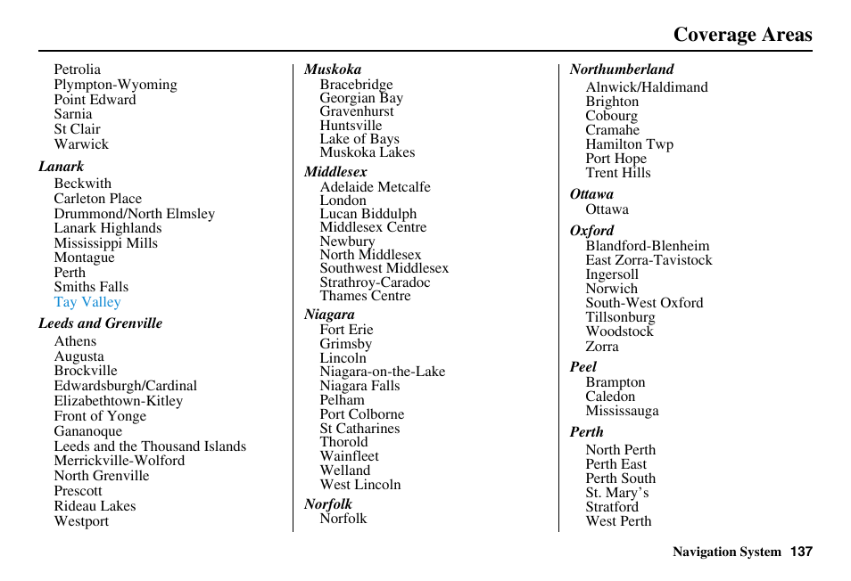 Coverage areas | Acura 2011 RL Navigation User Manual | Page 138 / 177