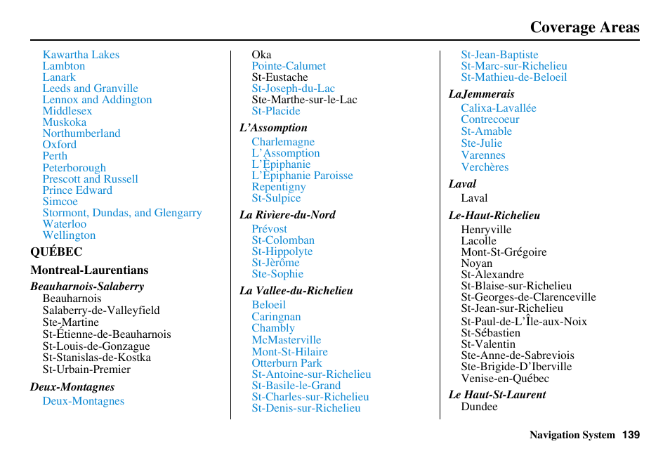Coverage areas | Acura 2011 RL Navigation User Manual | Page 140 / 177