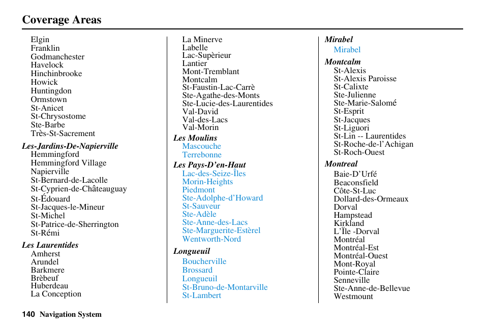 Coverage areas | Acura 2011 RL Navigation User Manual | Page 141 / 177