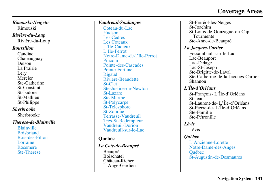 Coverage areas | Acura 2011 RL Navigation User Manual | Page 142 / 177