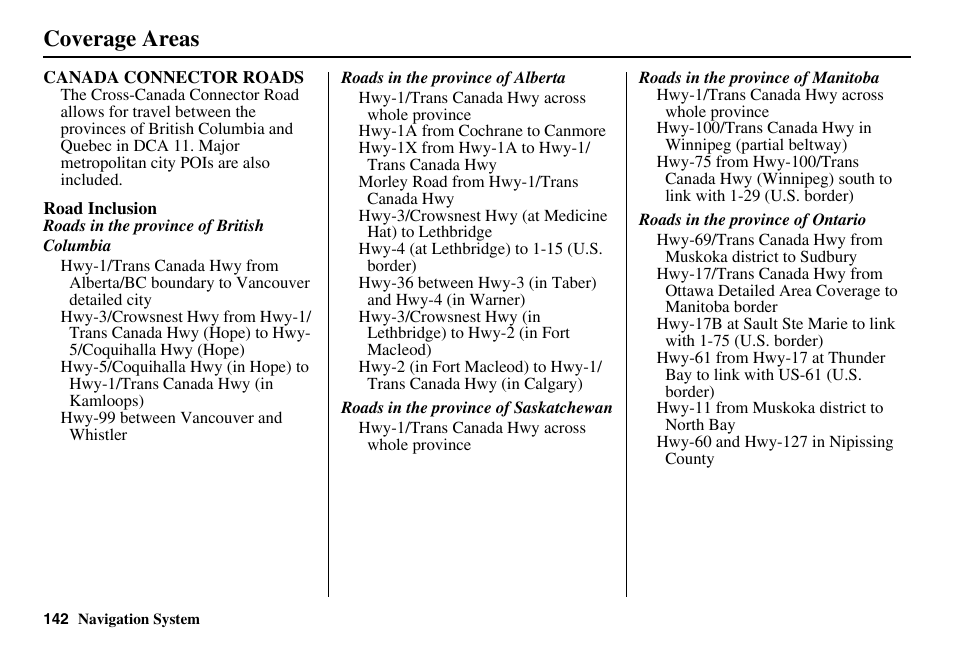 Coverage areas | Acura 2011 RL Navigation User Manual | Page 143 / 177