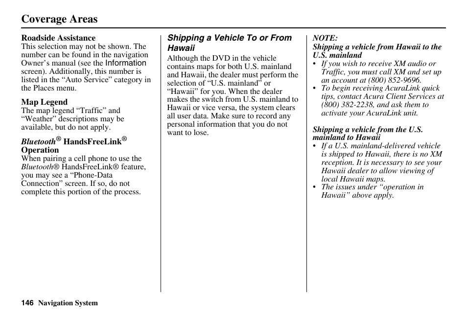 Coverage areas | Acura 2011 RL Navigation User Manual | Page 147 / 177