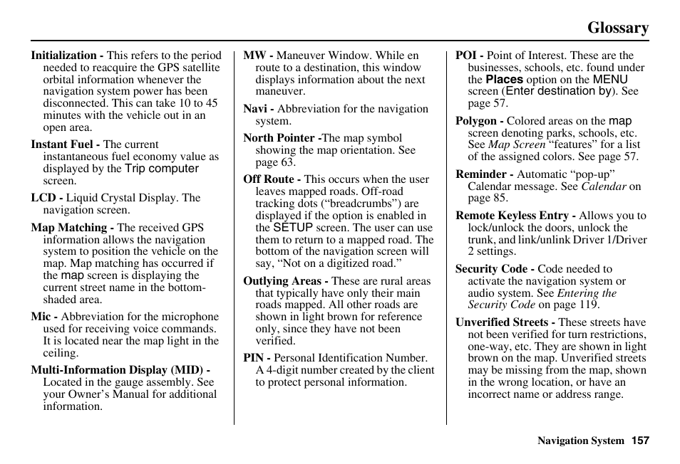 Glossary | Acura 2011 RL Navigation User Manual | Page 158 / 177