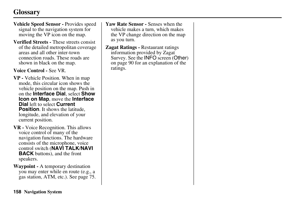Glossary | Acura 2011 RL Navigation User Manual | Page 159 / 177