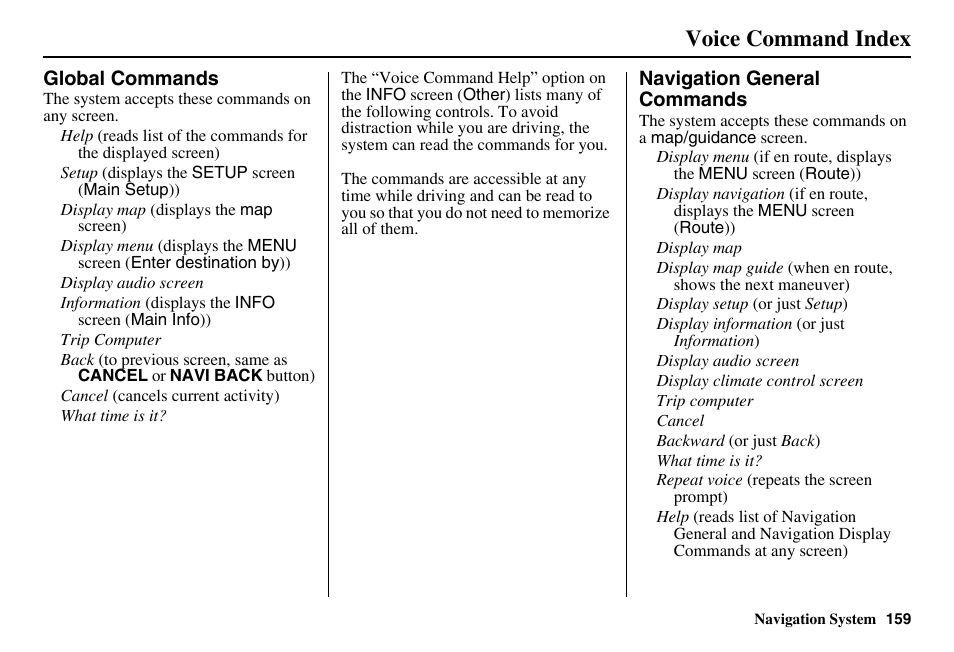 Voice command index | Acura 2011 RL Navigation User Manual | Page 160 / 177