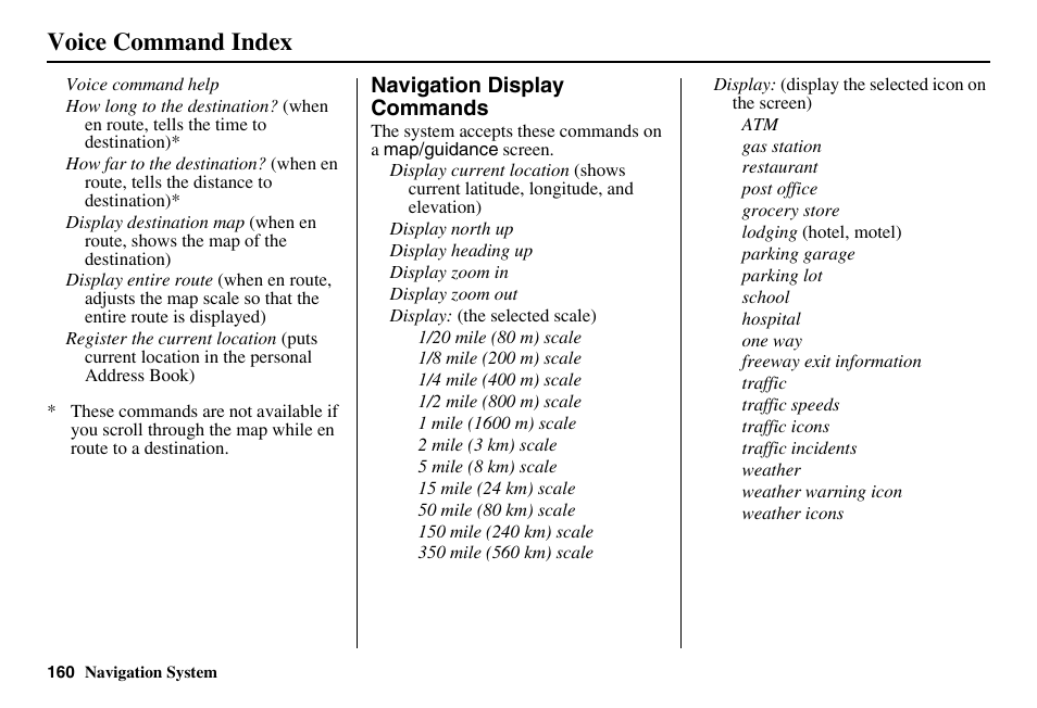 Voice command index | Acura 2011 RL Navigation User Manual | Page 161 / 177