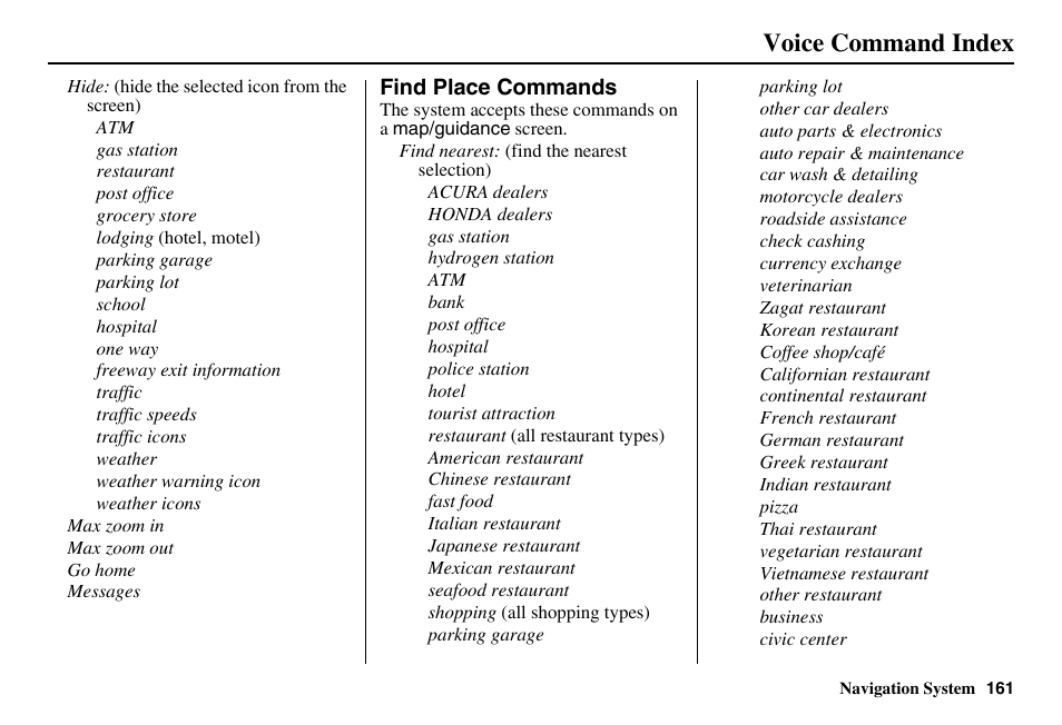 Voice command index | Acura 2011 RL Navigation User Manual | Page 162 / 177