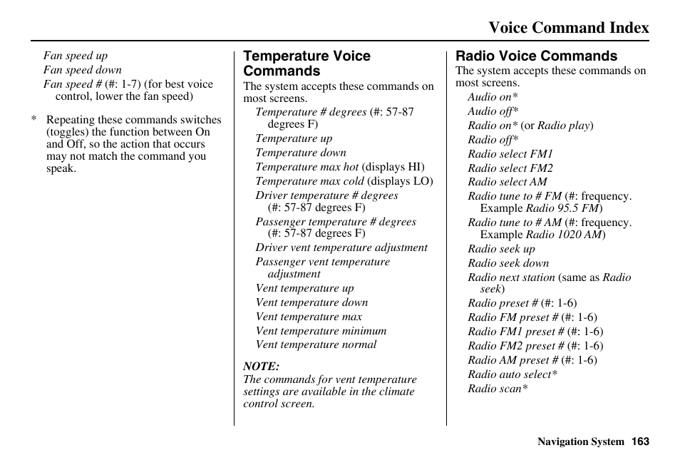 Voice command index | Acura 2011 RL Navigation User Manual | Page 164 / 177