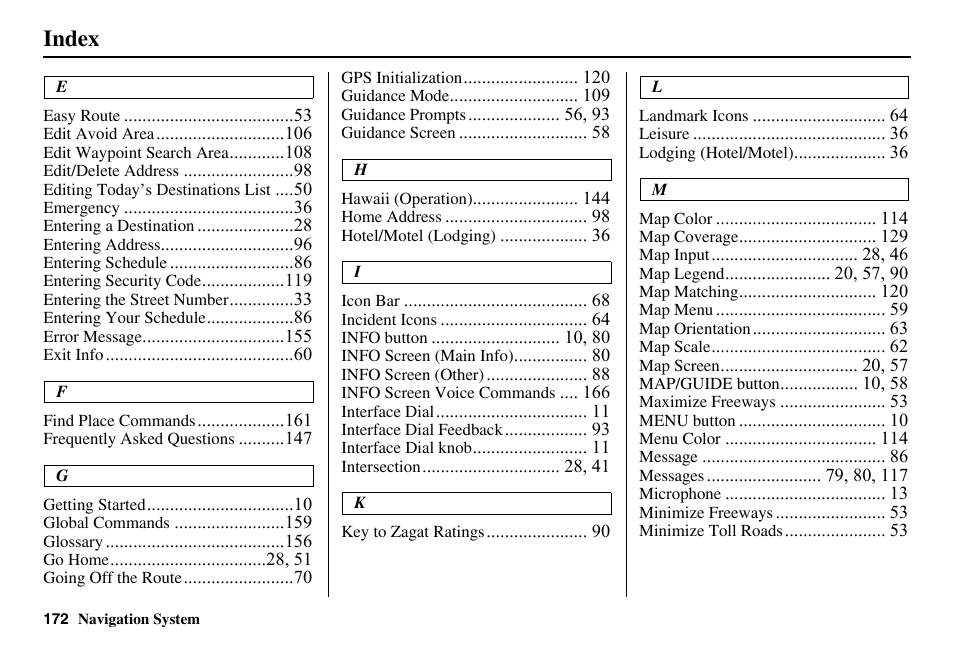 Index | Acura 2011 RL Navigation User Manual | Page 173 / 177
