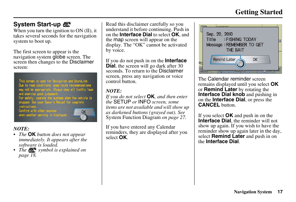 Getting started | Acura 2011 RL Navigation User Manual | Page 18 / 177