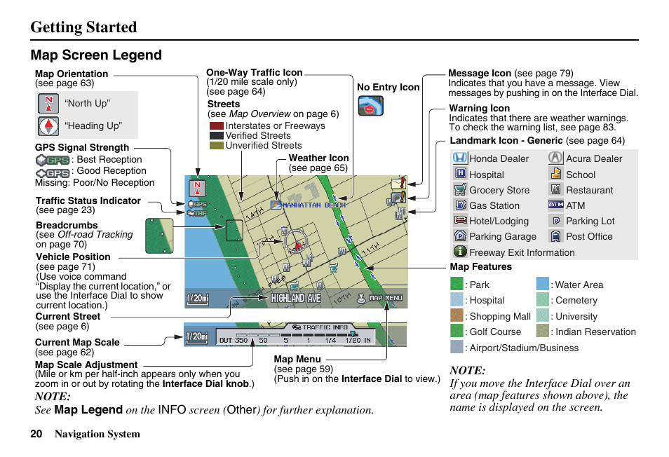 Getting started, Map screen legend | Acura 2011 RL Navigation User Manual | Page 21 / 177