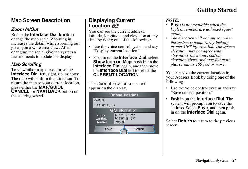 Getting started | Acura 2011 RL Navigation User Manual | Page 22 / 177