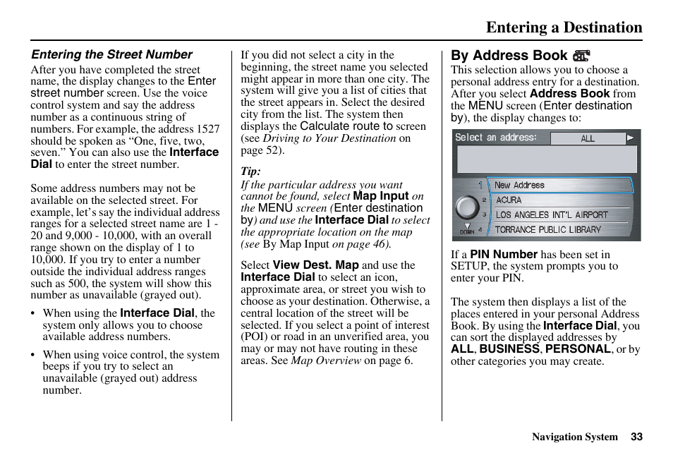 Entering a destination | Acura 2011 RL Navigation User Manual | Page 34 / 177