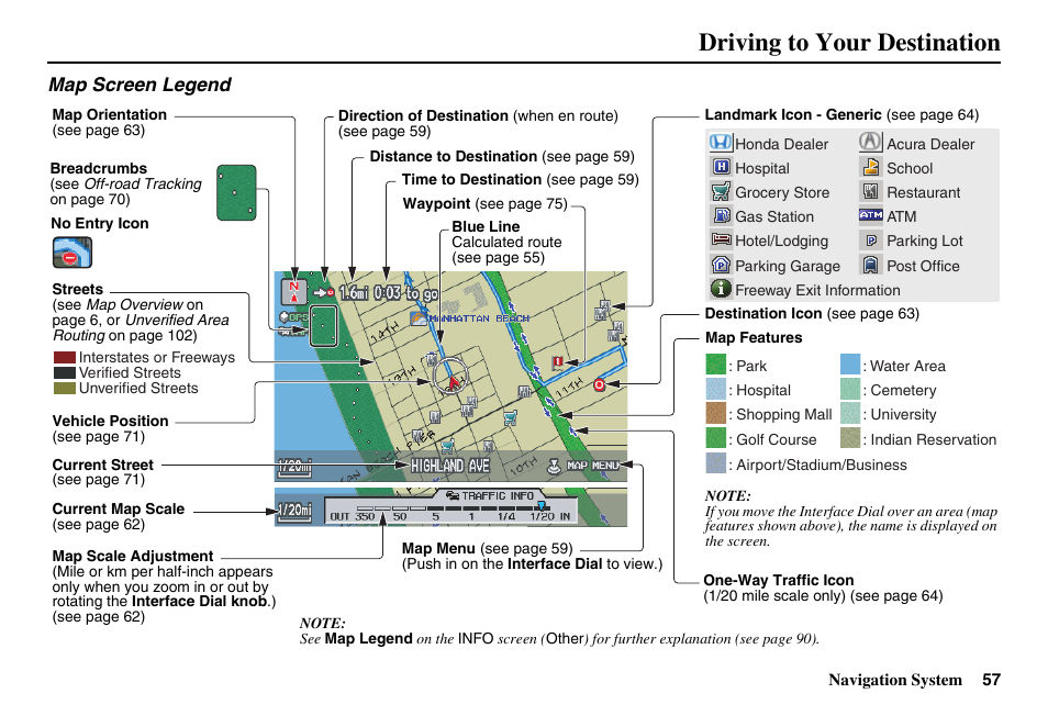 Driving to your destination, Map screen legend | Acura 2011 RL Navigation User Manual | Page 58 / 177