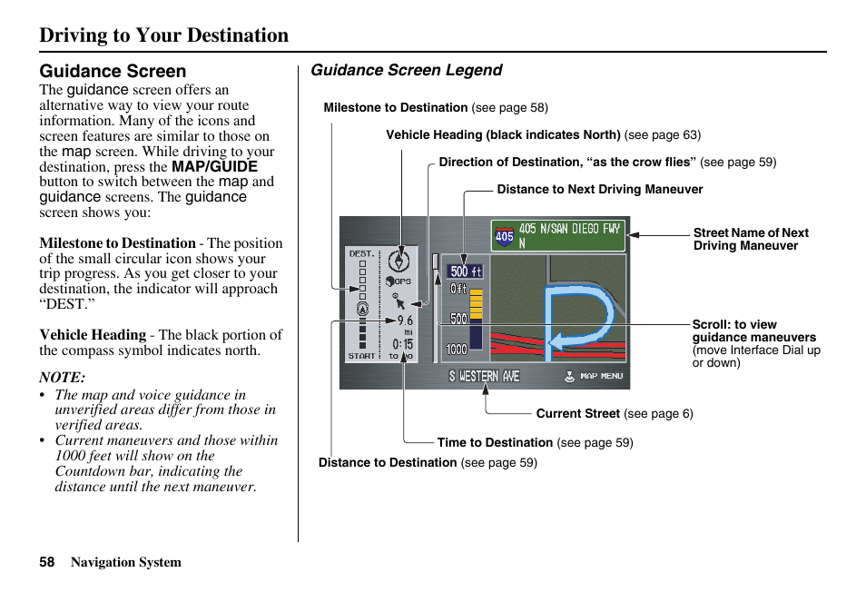 Driving to your destination, Guidance screen | Acura 2011 RL Navigation User Manual | Page 59 / 177