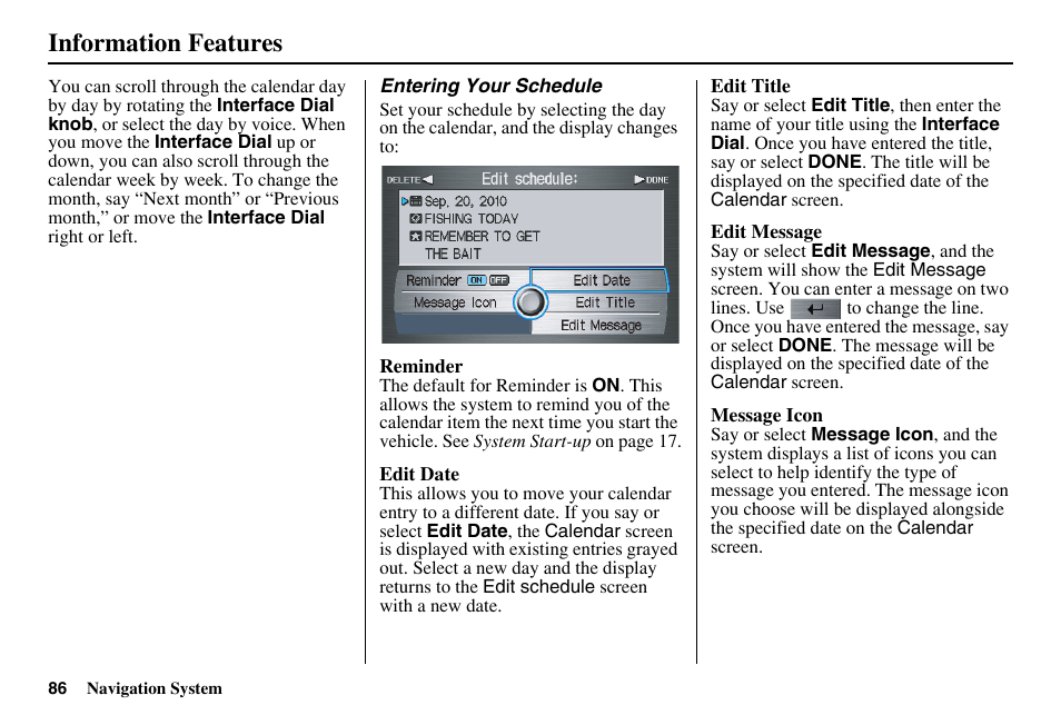 Information features | Acura 2011 RL Navigation User Manual | Page 87 / 177
