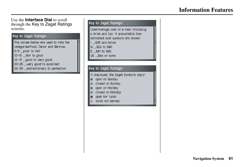 Information features | Acura 2011 RL Navigation User Manual | Page 92 / 177