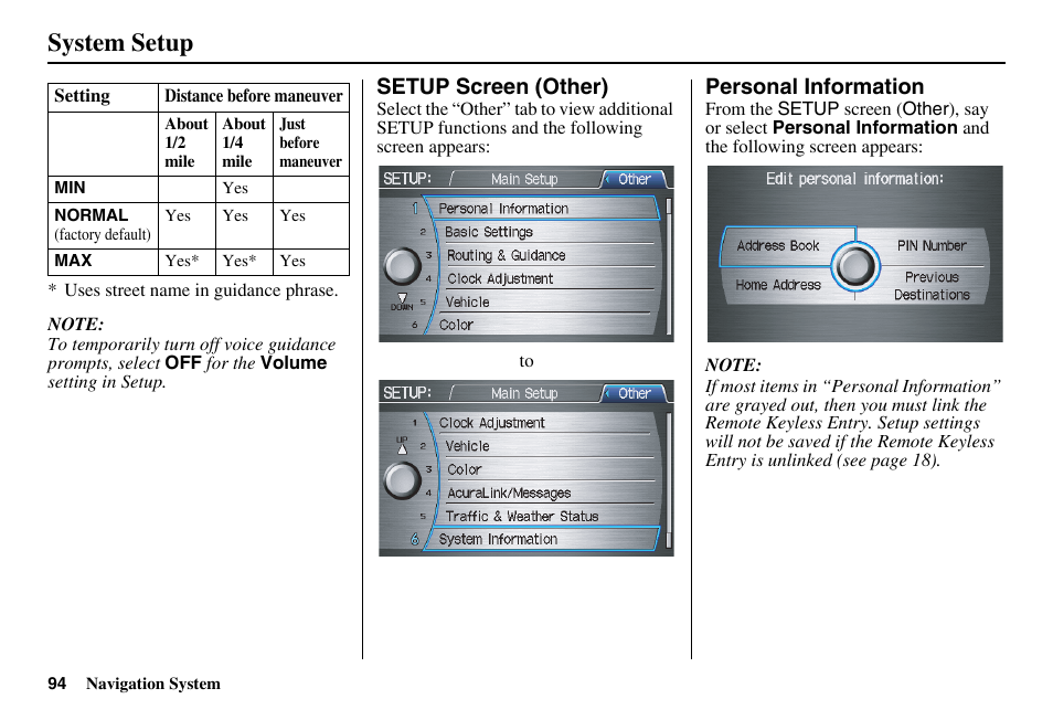 System setup | Acura 2011 RL Navigation User Manual | Page 95 / 177