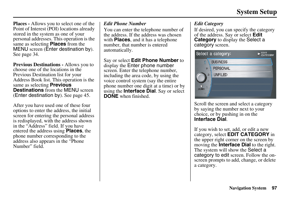 System setup | Acura 2011 RL Navigation User Manual | Page 98 / 177