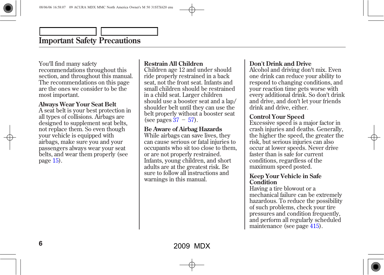 Important safety precautions, 2009 mdx | Acura 2009 MDX User Manual | Page 10 / 489
