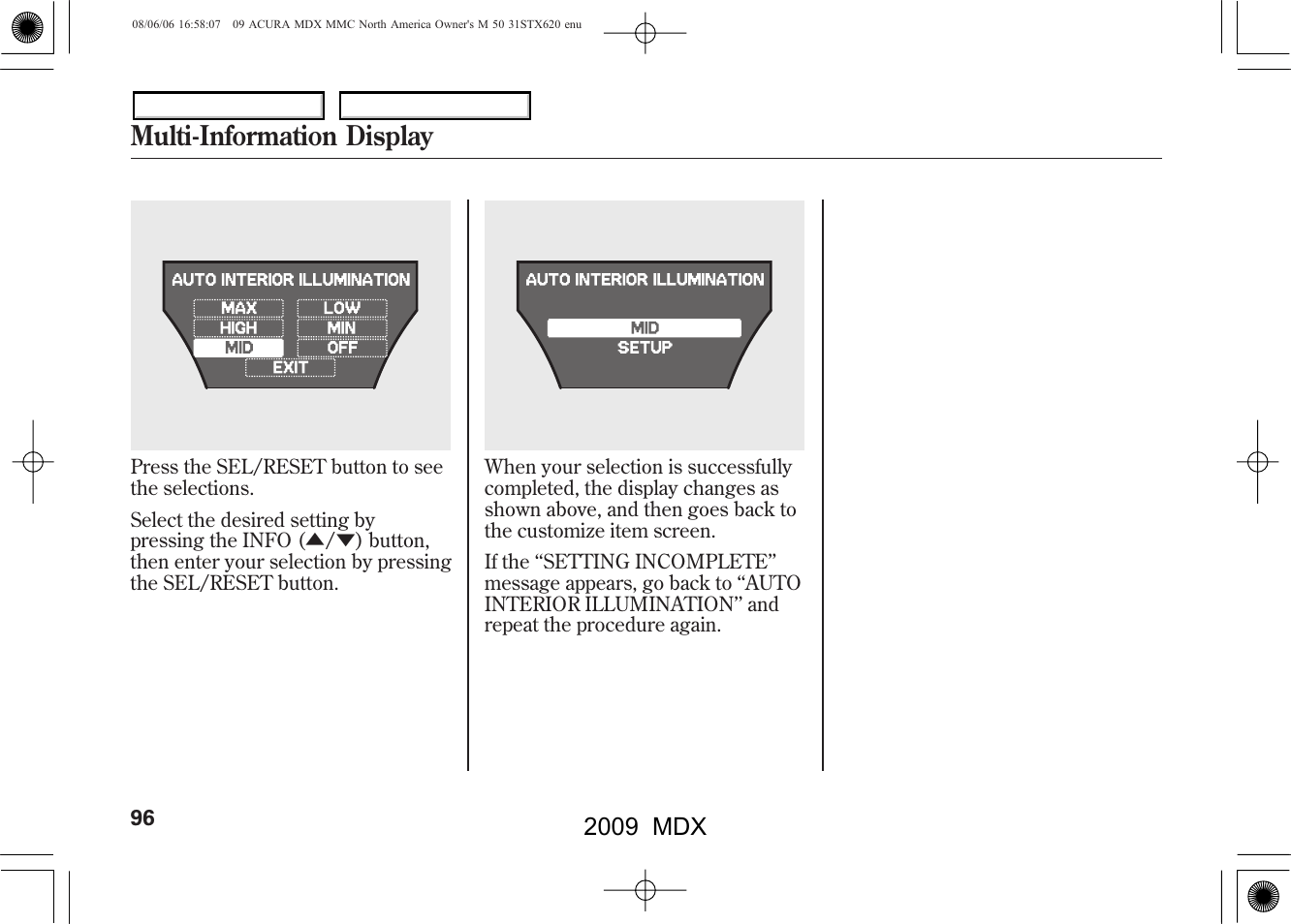 Multi-information display, 2009 mdx | Acura 2009 MDX User Manual | Page 100 / 489