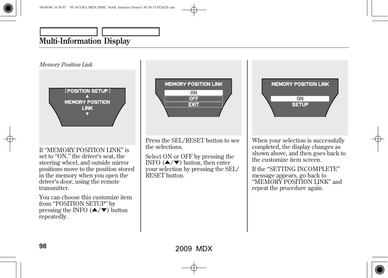 Multi-information display, 2009 mdx | Acura 2009 MDX User Manual | Page 102 / 489