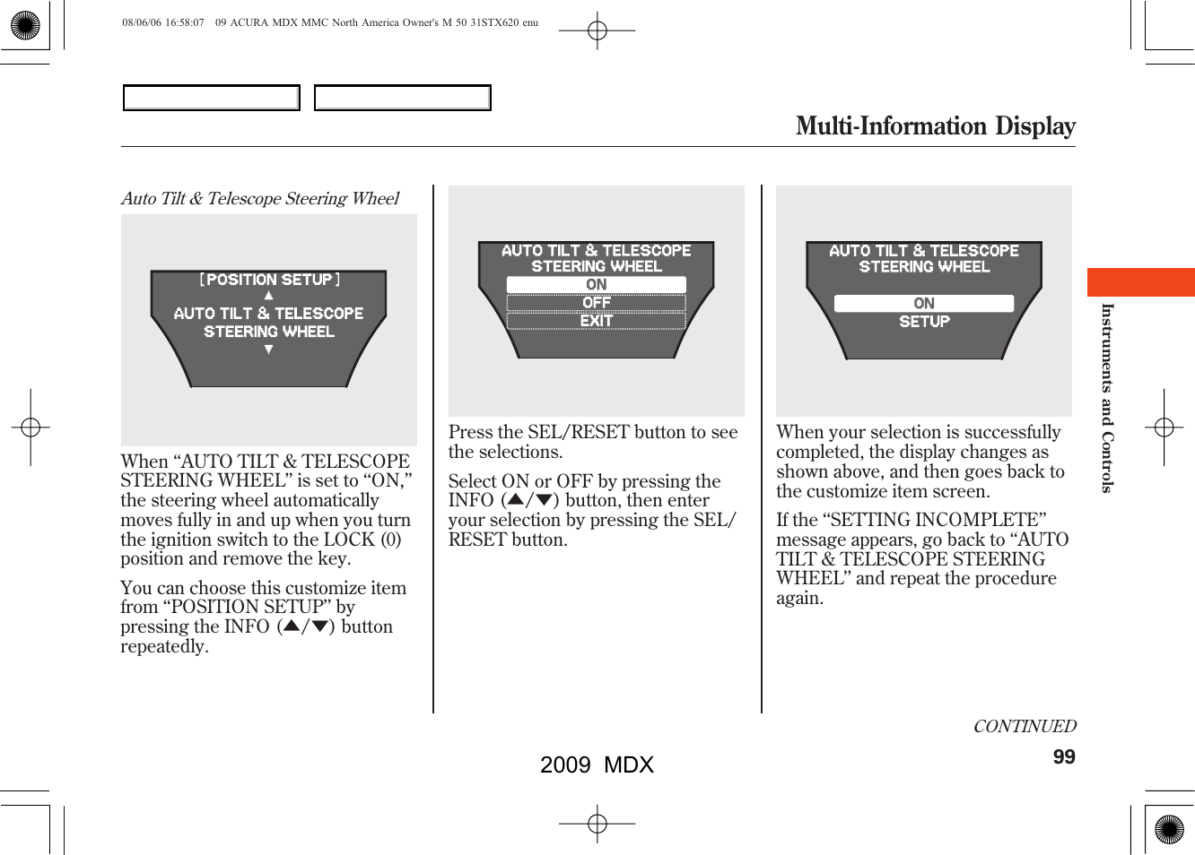 Multi-information display, 2009 mdx | Acura 2009 MDX User Manual | Page 103 / 489