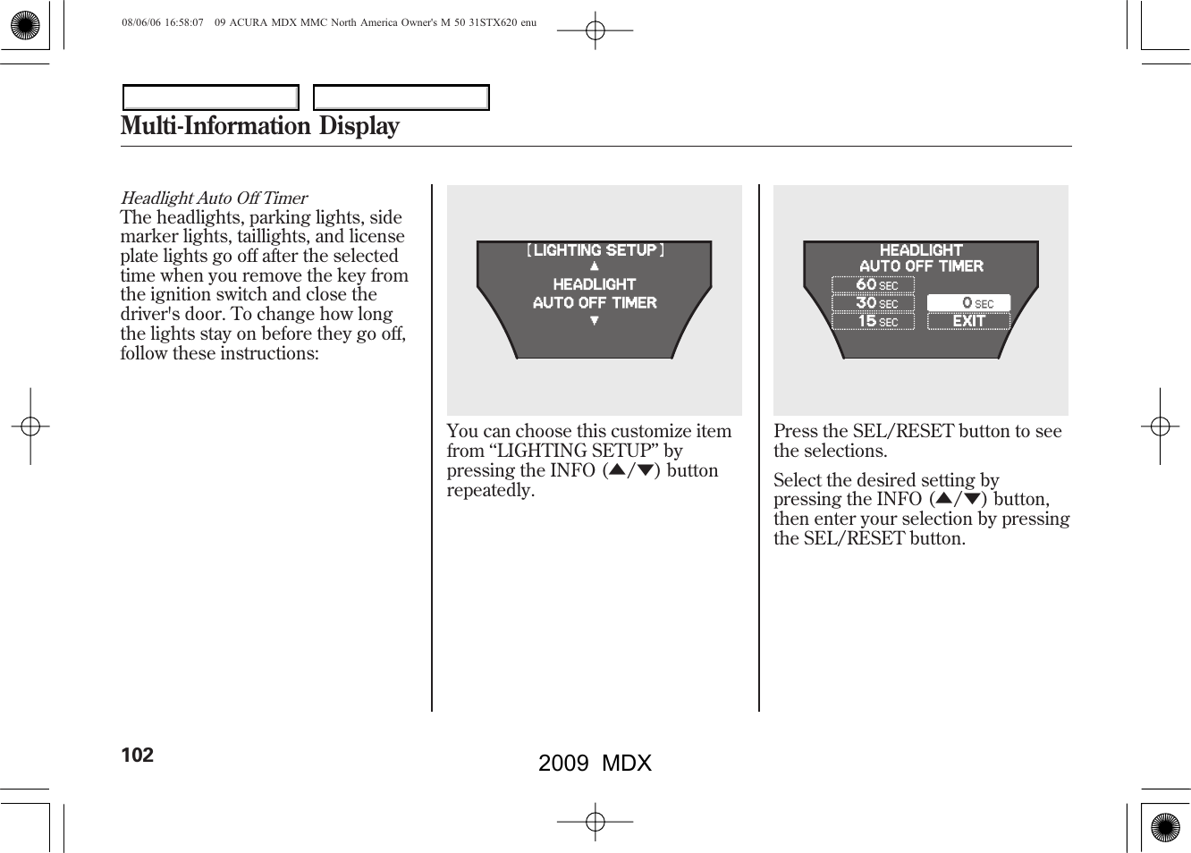 Multi-information display, 2009 mdx | Acura 2009 MDX User Manual | Page 106 / 489