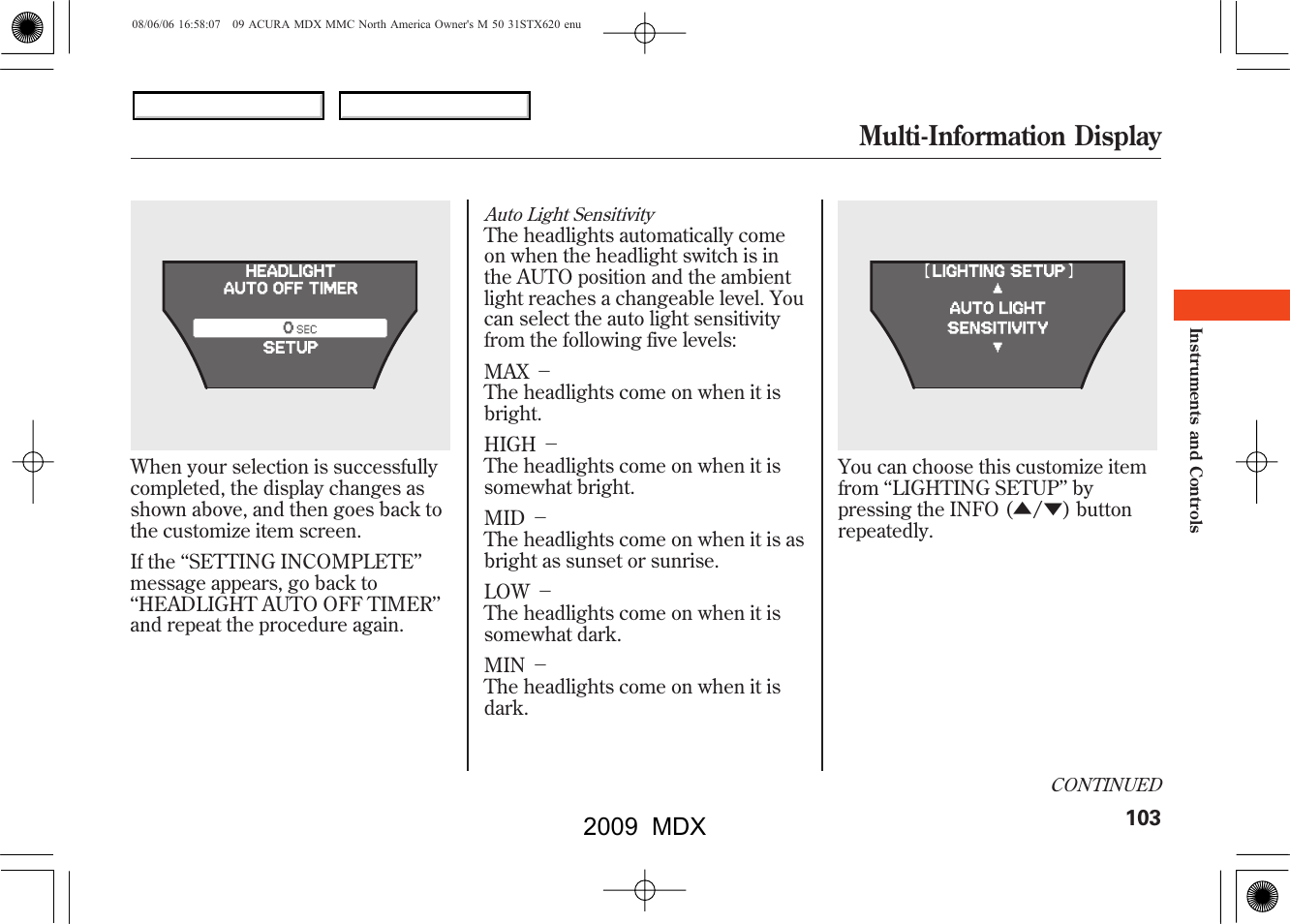 Multi-information display, 2009 mdx | Acura 2009 MDX User Manual | Page 107 / 489