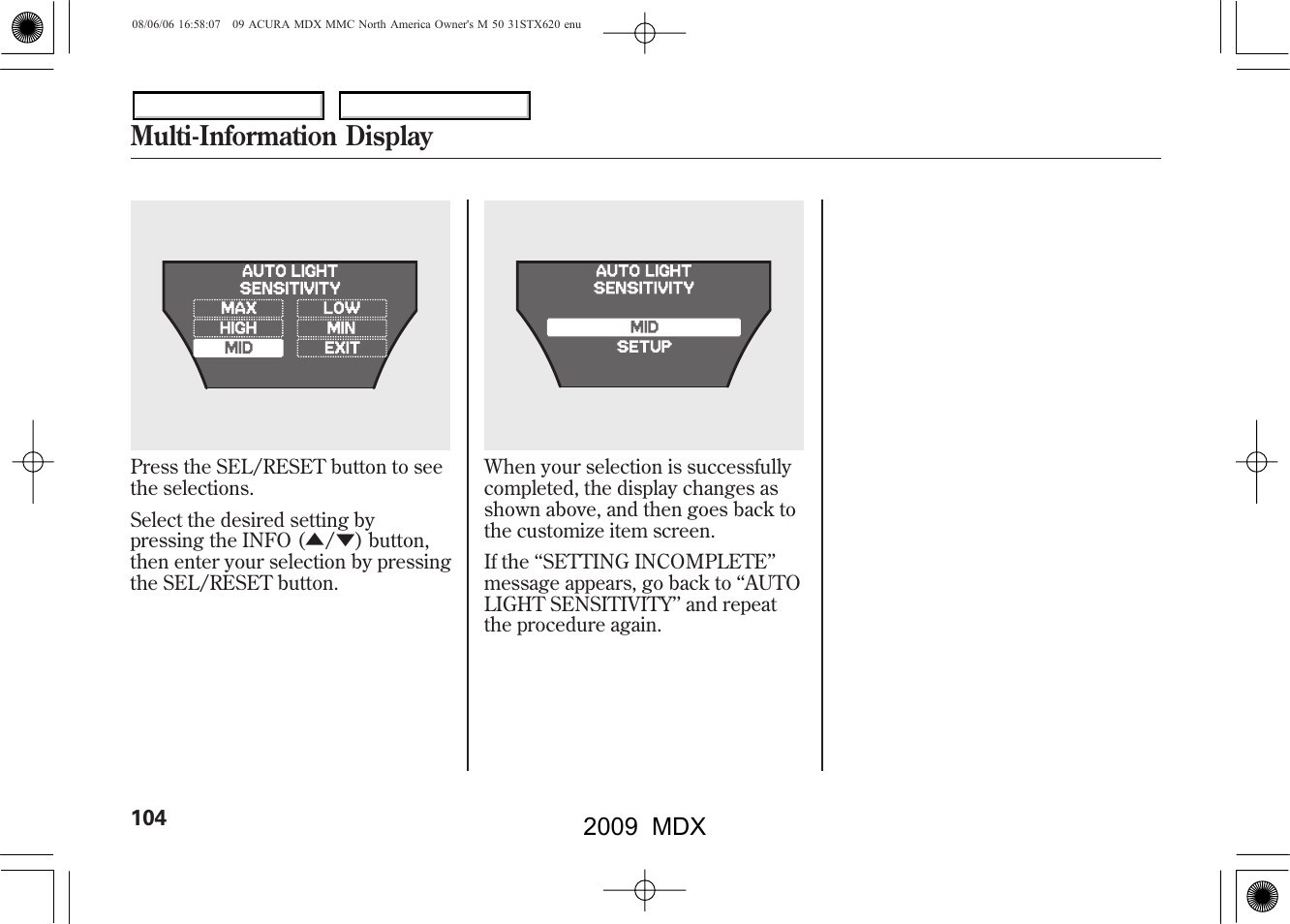 Multi-information display, 2009 mdx | Acura 2009 MDX User Manual | Page 108 / 489