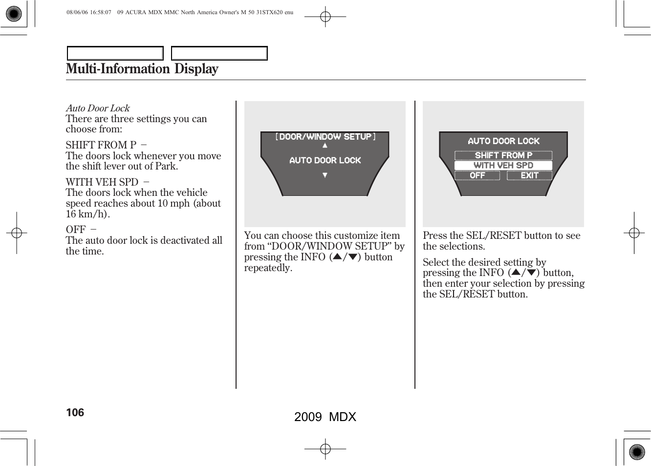 Multi-information display, 2009 mdx | Acura 2009 MDX User Manual | Page 110 / 489