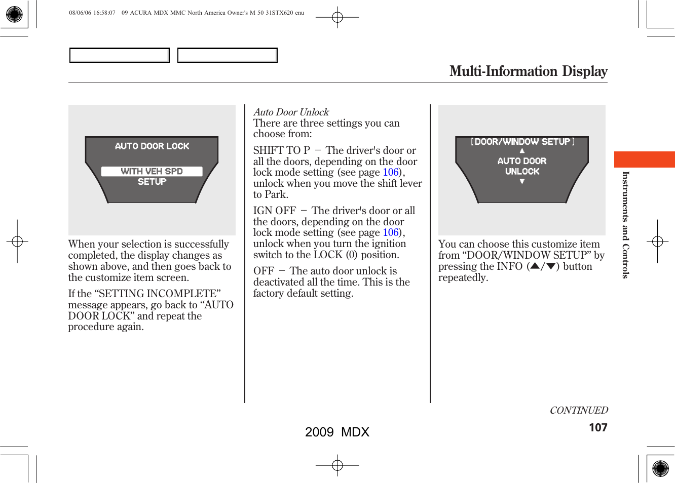 Multi-information display, 2009 mdx | Acura 2009 MDX User Manual | Page 111 / 489