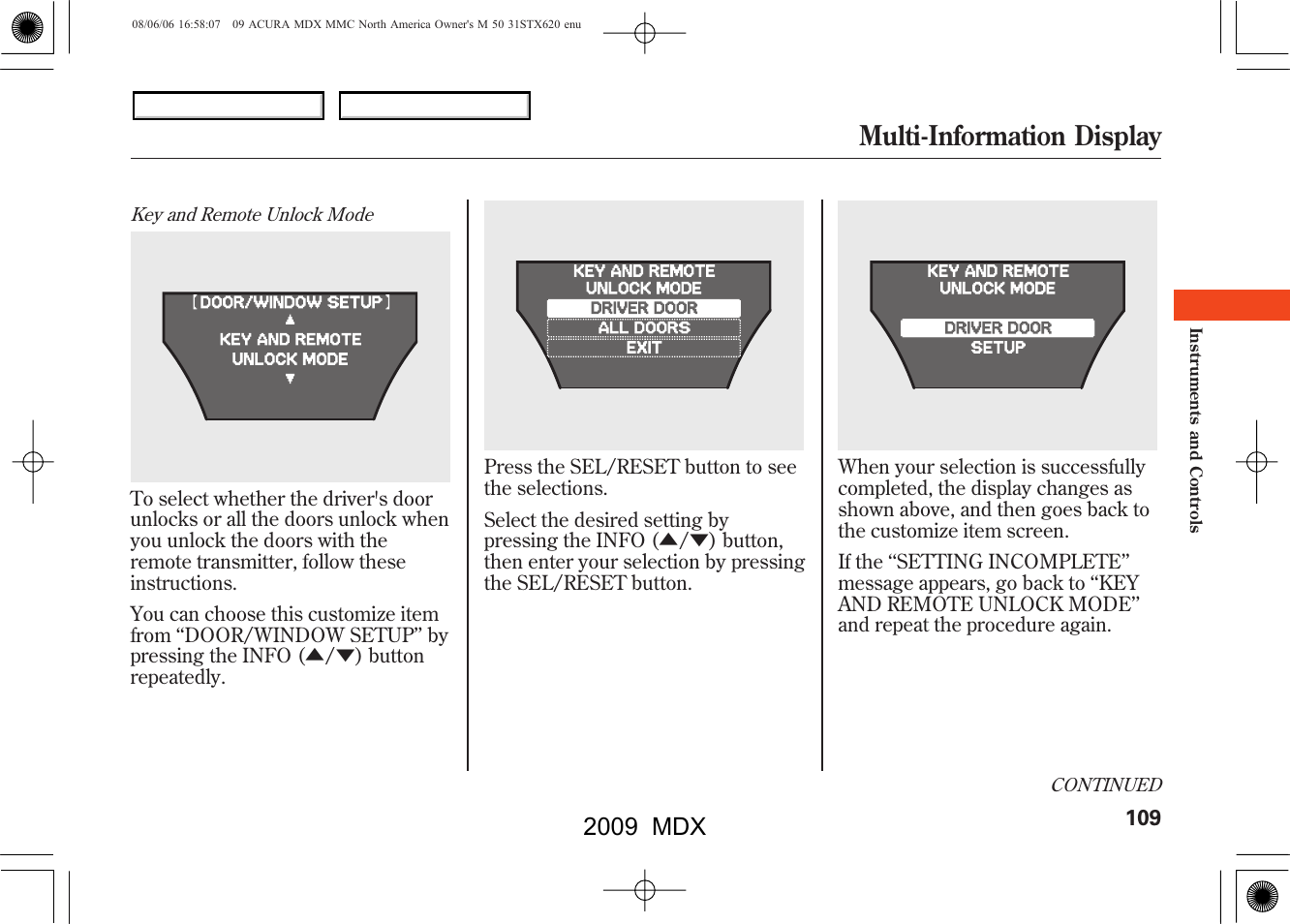 Multi-information display, 2009 mdx | Acura 2009 MDX User Manual | Page 113 / 489